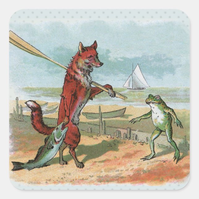 Fox Frog Fishing Antique Illustration Square Sticker (Front)