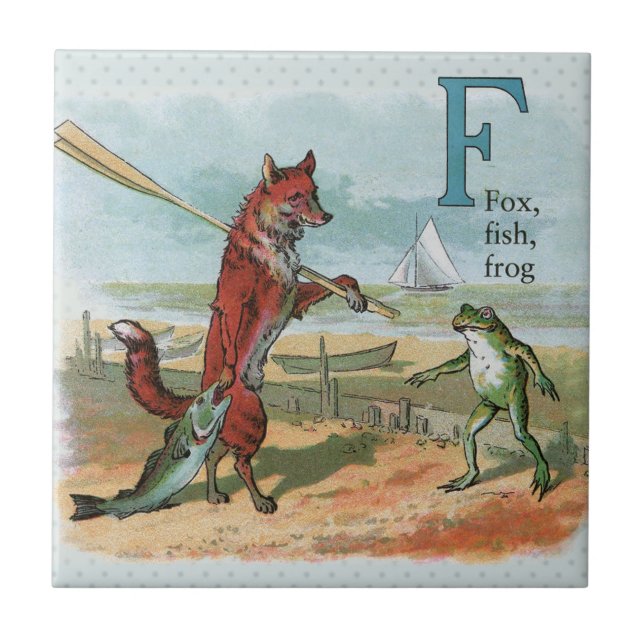 Fox Frog Fishing Antique Illustration Tile (Front)