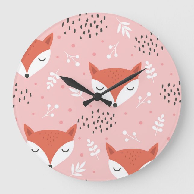 Fox Fun: Cute Forest Pattern Large Clock (Front)