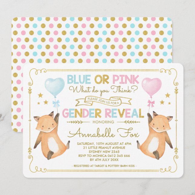 Fox Gender Reveal Baby Shower Blue Pink Gold Invitation (Front/Back)