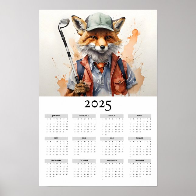 Fox Green Baseball Cap Playing Golf Wall Calendar Poster (Front)