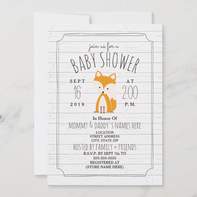 Fox Grey Wood Baby Shower Invitation (Front)