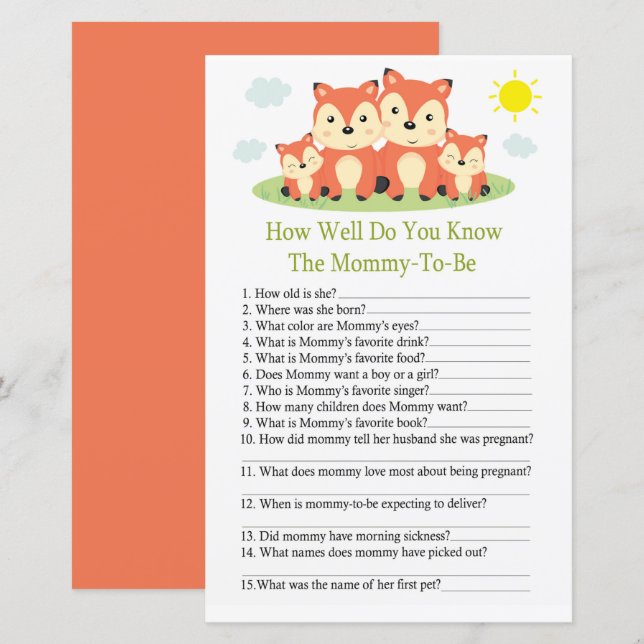 Fox How well do you know baby shower game (Front/Back)