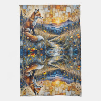 Fox in a Floral Meadow Tea Towel
