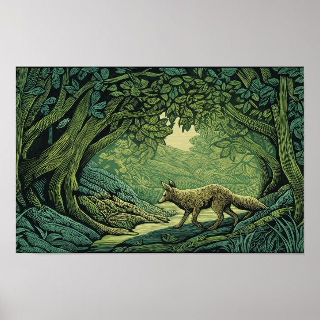 Fox in a forest with woodcut textures poster (Front)