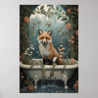 Fox In Bathtub Floral Print, Vintage Bathroom