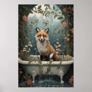 Fox In Bathtub Floral Print, Vintage Bathroom Poster