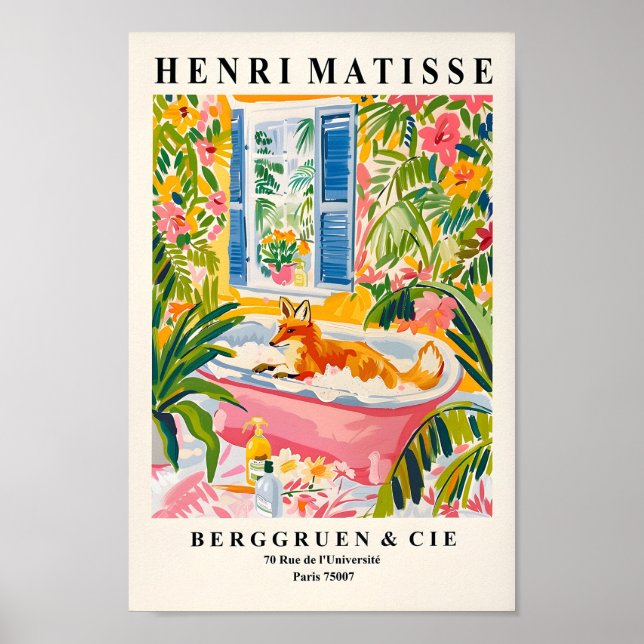 Fox In Bathtub Funny Poster, Mid Century Wall Art, Poster (Front)