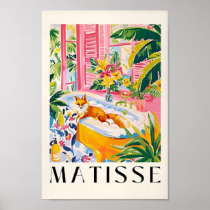 Fox In Bathtub Inspired By Matisse Art, Pink Tropi Poster