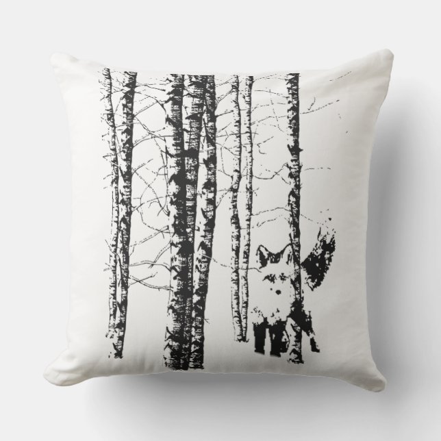 Fox in Birch Forest Modern Animal Art Outdoor Cushion (Front)