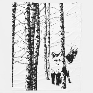 Fox in Birch Tree Forest Black Silhouette Fleece Blanket