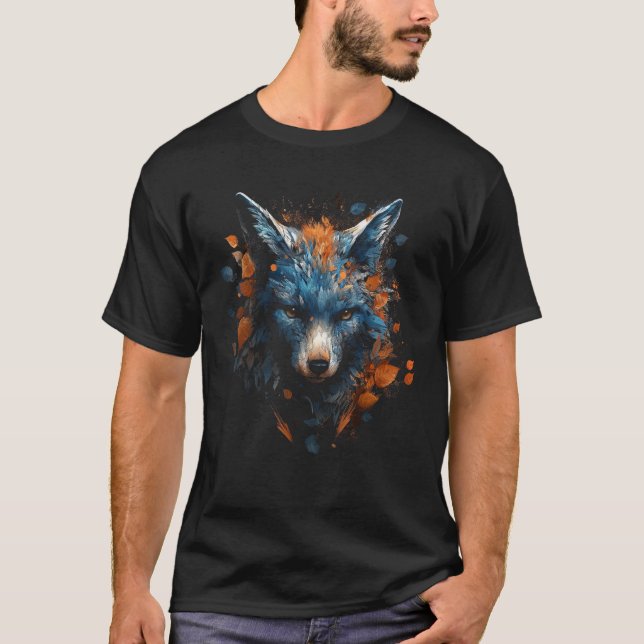 Fox in Blue  Autumn Leaves  Animal Fox T-Shirt (Front)