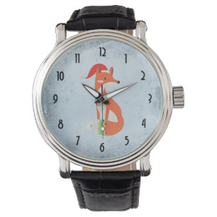 Fox in Christmas Hat on Blue Grey Vintage Backdrop Watch
