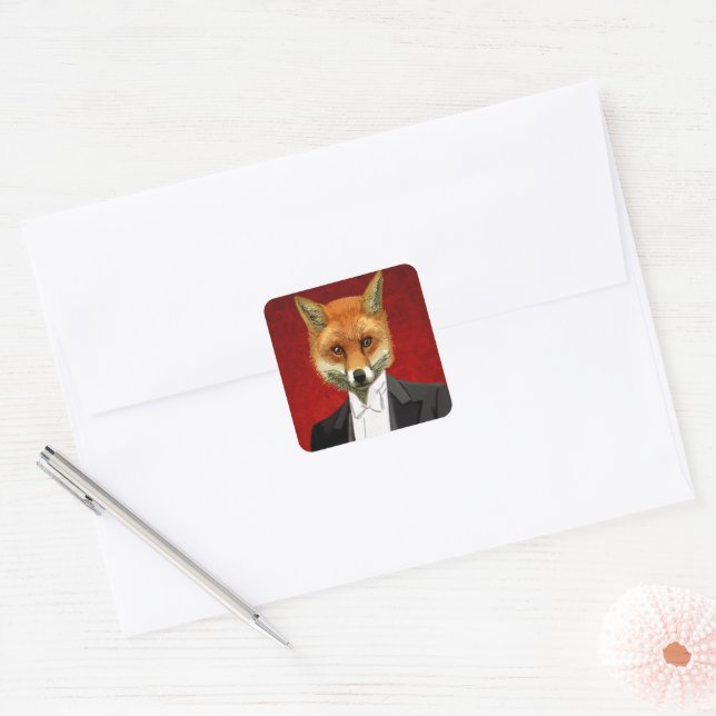 Fox In Evening Suit, Portrait Square Sticker (Envelope)
