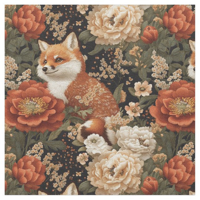 Fox in Flowers Floral Seamless Pattern Fabric (Close Up)
