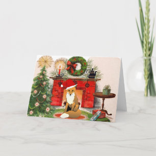 Fox in front of fireplace Christmas Card