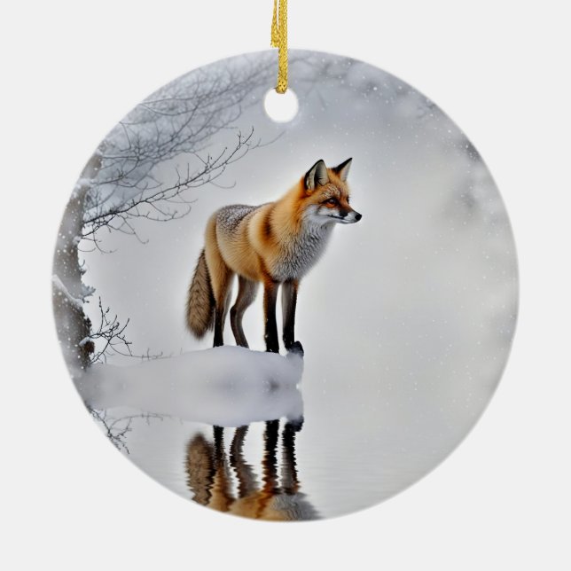 Fox in Snow Wildlife Beautiful Christmas Ceramic Tree Decoration (Back)