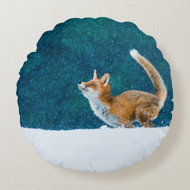 Fox in snowfall. Red fox, Vulpes vulpes, jumping i Round Cushion (Front)
