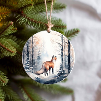 Fox in Snowy Winter Woodlands Forest Animals Ceramic Tree Decoration