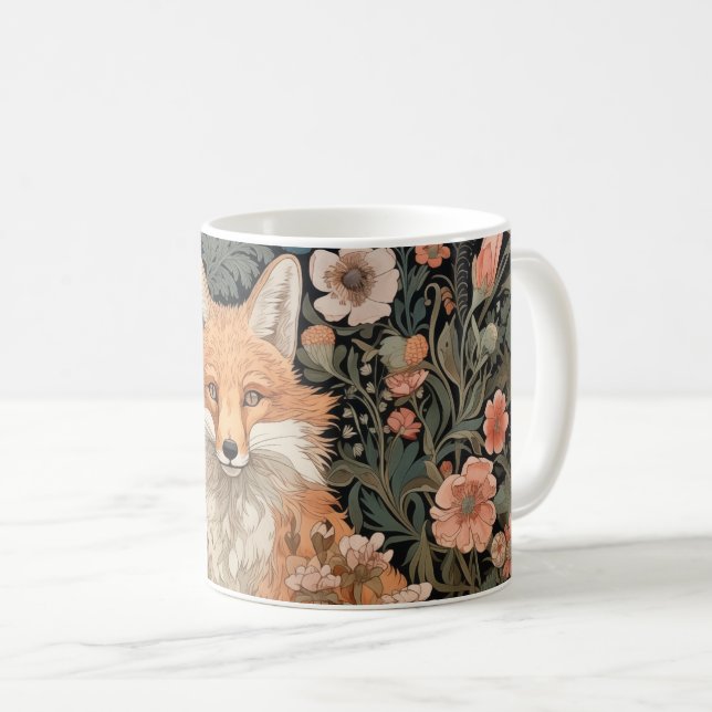 Fox in the Autumn Garden William Morris Style Coffee Mug (Front Right)