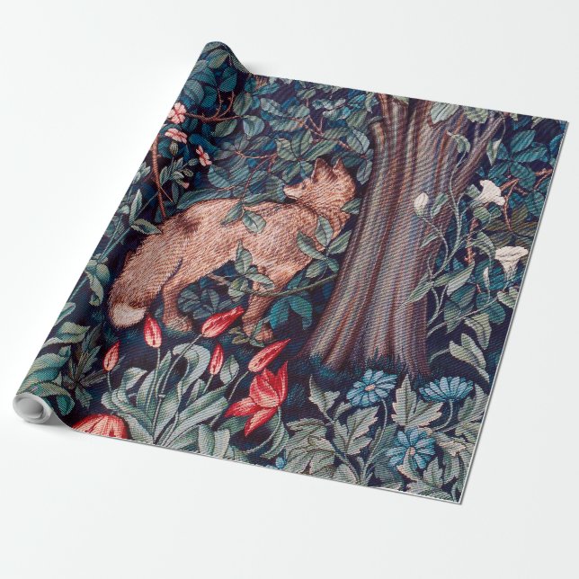 Fox in The Forest, William Morris Wrapping Paper (Unrolled)
