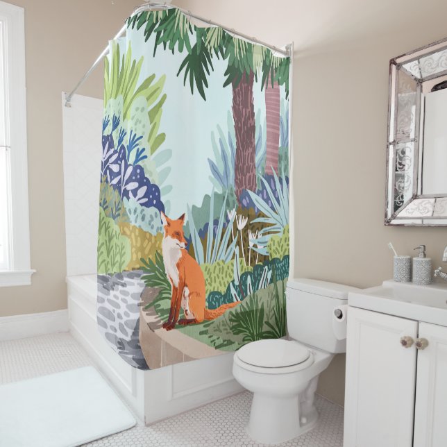 Fox in The Garden | Animals Wildlife Botanical Shower Curtain (In Situ)