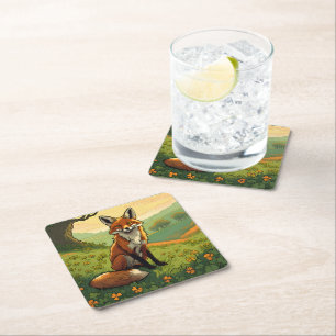 Fox in the Shamrocks Square Paper Coaster