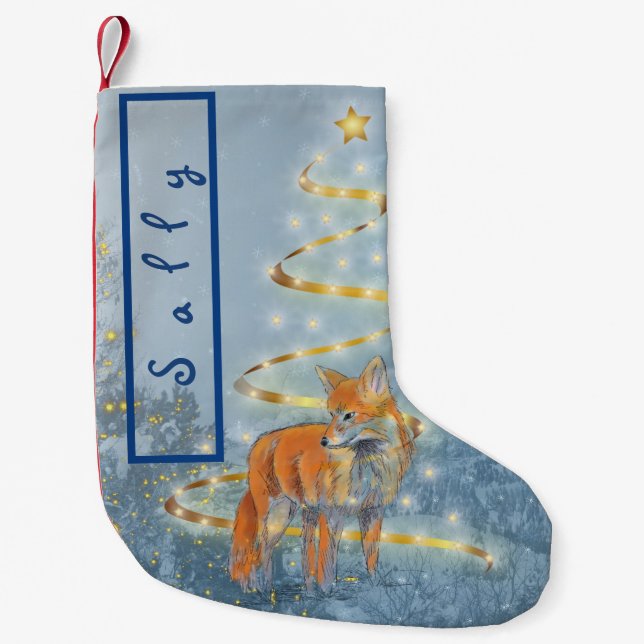 Fox in the Snow with Ribbon Tree Your Name Small Christmas Stocking (Front)