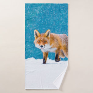 Fox in winter. Red fox, Vulpes vulpes, sniffs abou Bath Towel