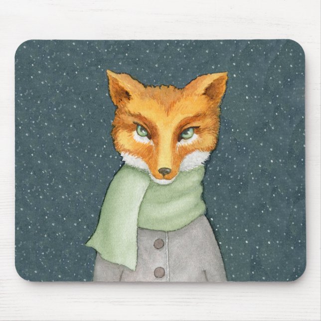 Fox in Winter Scarf Illustration Mouse Mat (Front)