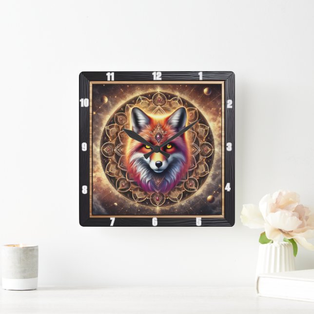Fox Intricate Mandala Design Vibrant Cosmic Colour Square Wall Clock (Home)
