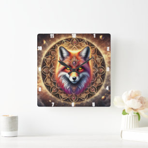 Fox Intricate Mandala Design Vibrant Cosmic Colour Square Wall Clock