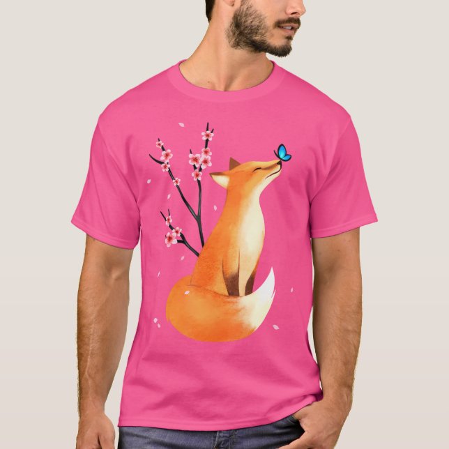 Fox Japanese Cherry Blossom Flower T-Shirt (Front)