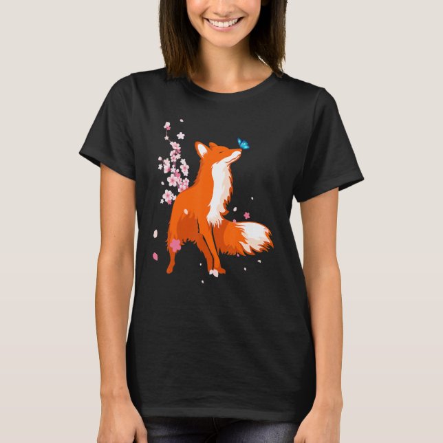 Fox Japanese Culture Cherry Blossom Women Men T-Shirt (Front)
