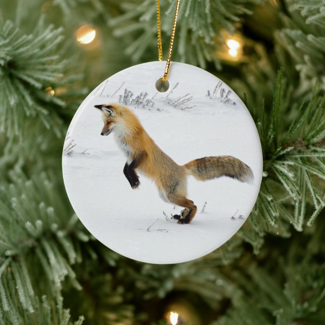 Fox Leaping Snow Photo Ceramic Tree Decoration (Tree)