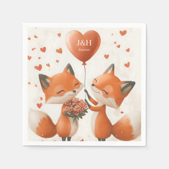 Fox Love Design with Customizable Initials Napkin (Front)