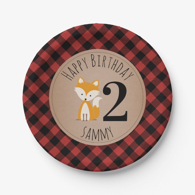 Fox Lumberjack Plaid Baby Birthday Paper Plate (Front)