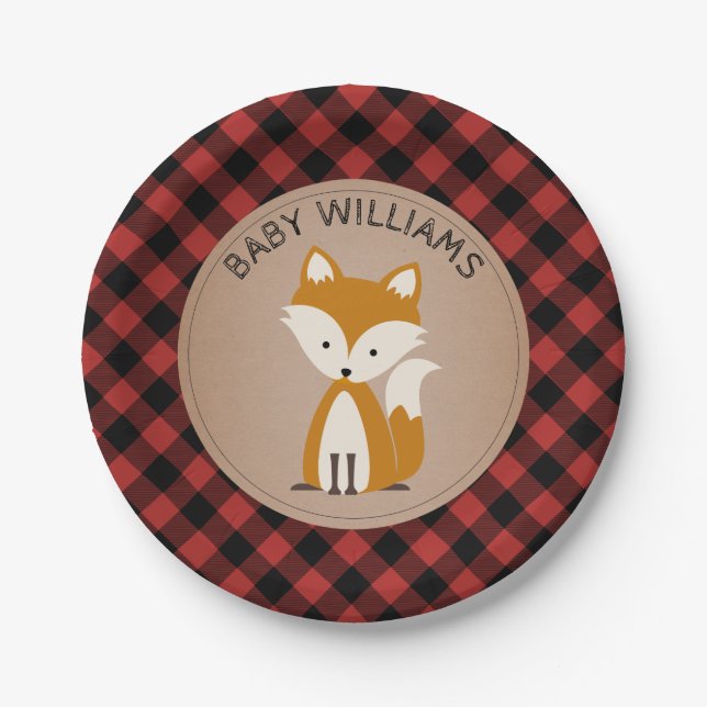 Fox Lumberjack Plaid Baby Shower Paper Plate (Front)