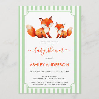 Fox Mama and Baby Shower Pale Green Stripes Cute Invitation