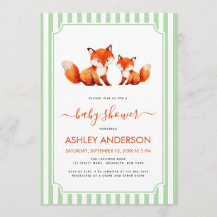Fox Mama and Baby Shower Pale Green Stripes Cute Invitation