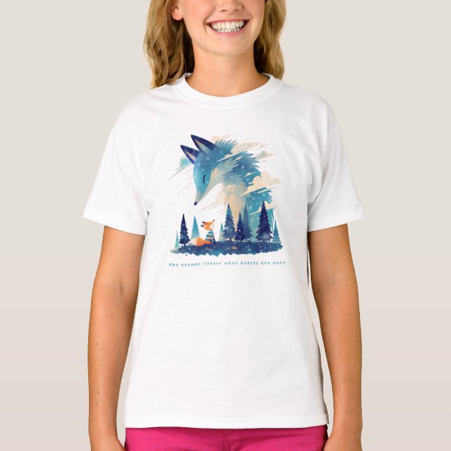 Fox meeting Cosmic fox spirit in starry sky art T-Shirt (Front)