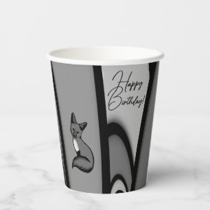 Fox Modern Art Design in Silver Happy Birthday  Paper Cups