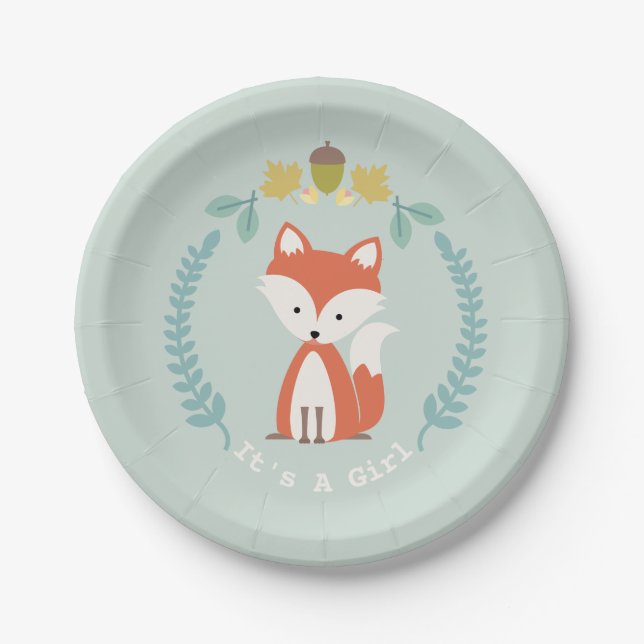 Fox Modern Girl Baby Shower Paper Plate (Front)