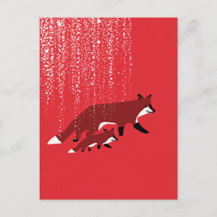 Fox mother and baby walking under snow postcard