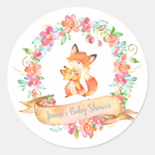Fox Mum Baby Floral Wreath Spring Shower Woodland Classic Round Sticker