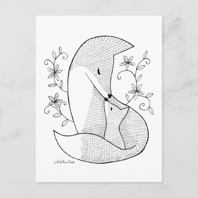 Fox mum & baby Postcard Fox ink drawing Art Card (Front)