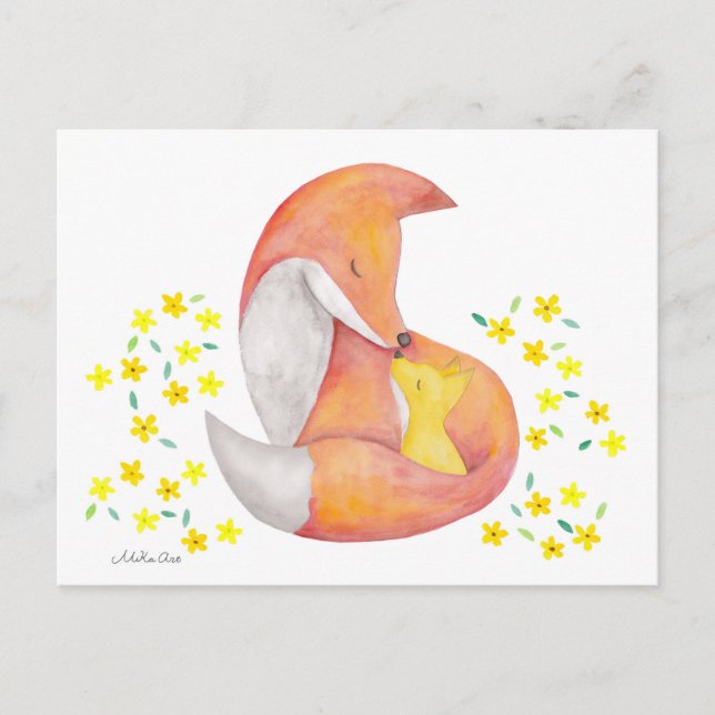 Fox Mum Baby Postcard Red Fox Watercolor Art Card (Front)