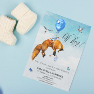 Fox Oh Boy Watercolor Balloon  Invitation