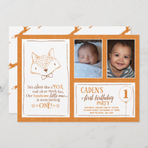 Fox Orange White 1st Birthday Photo Invitation