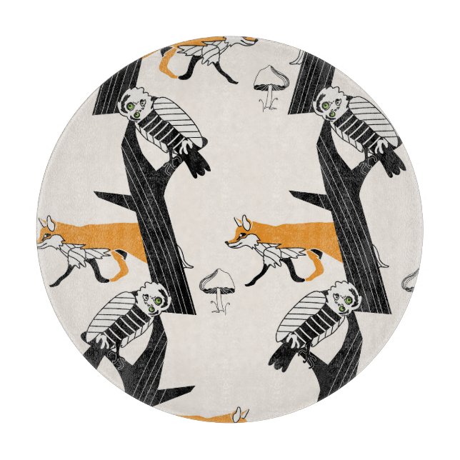 Fox, owl, tree, vintage seamless. cutting board (Front)